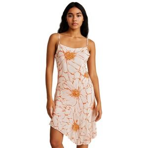 Y2K Vintage Orange Floral Slip Dress Asymmetrical Hem Spaghetti Strap Sundress S